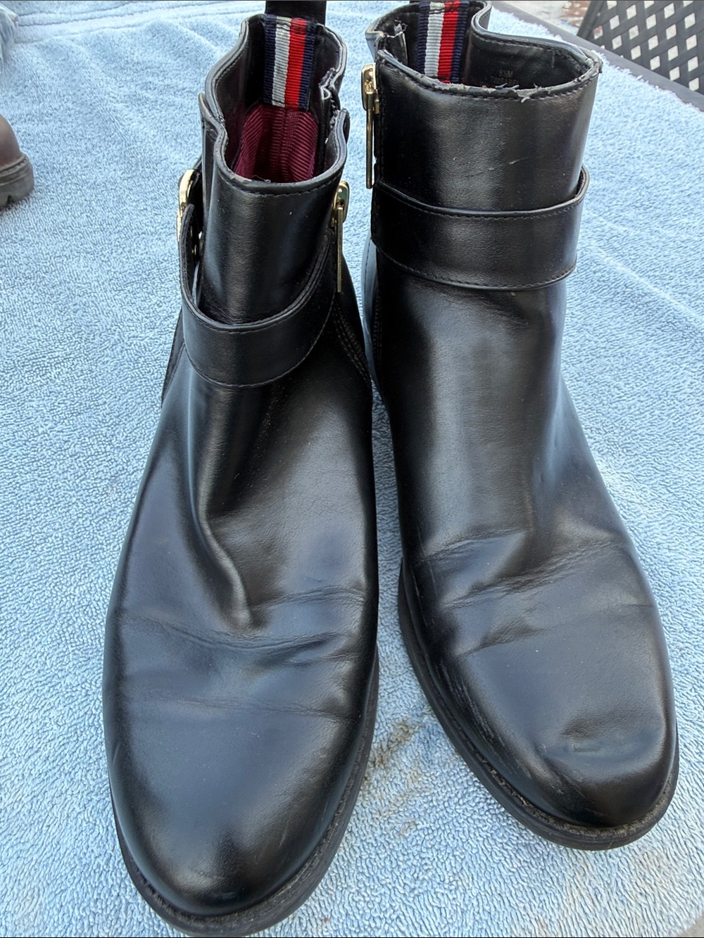 Tommy Hilfiger Black Leather Ankle Boots with Signature Stripe Pull Tab